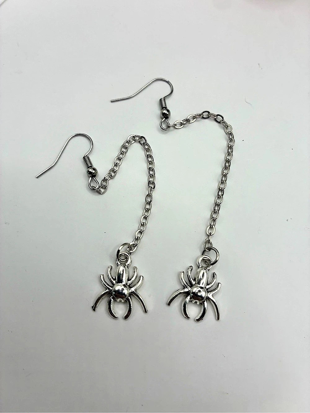 Spooky Halloween Spider Chain Silver Drop Earrings